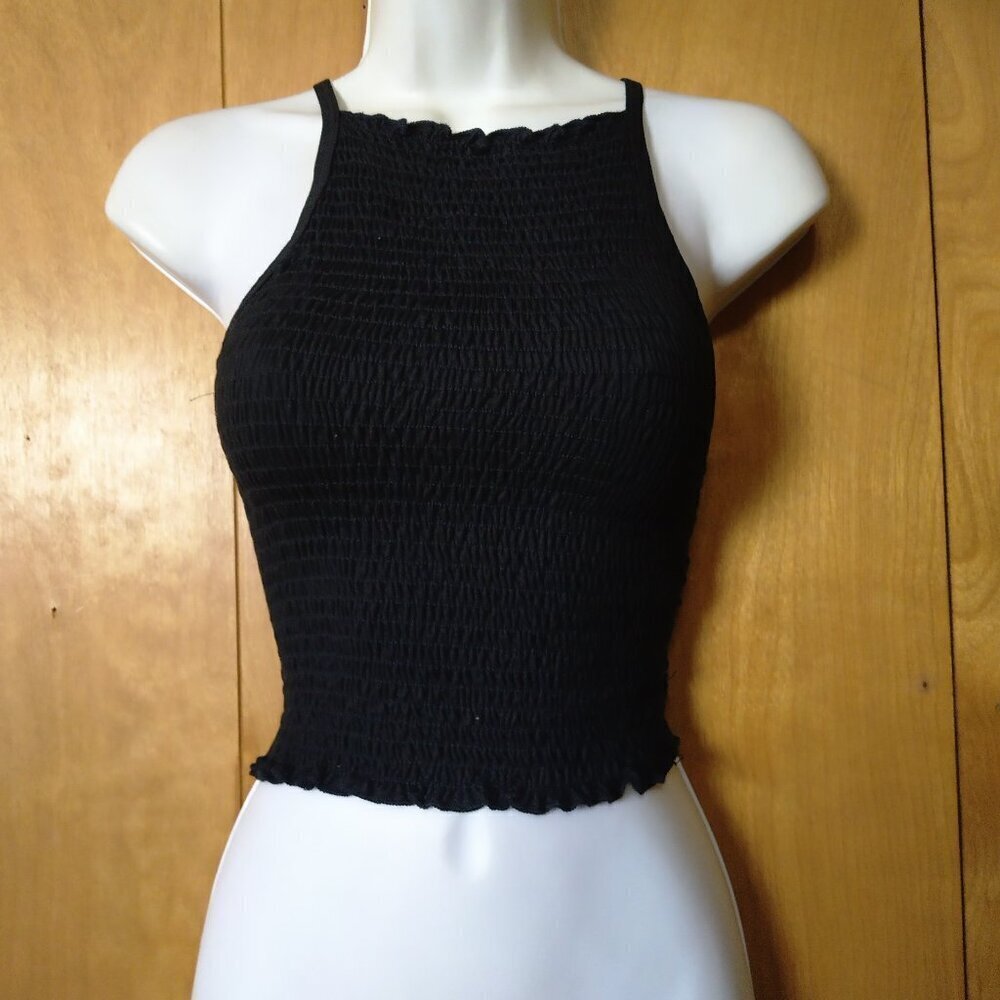 Gaze Size XS Black Smocked Sleeveless Tank Top Crop Pullover Stretchy